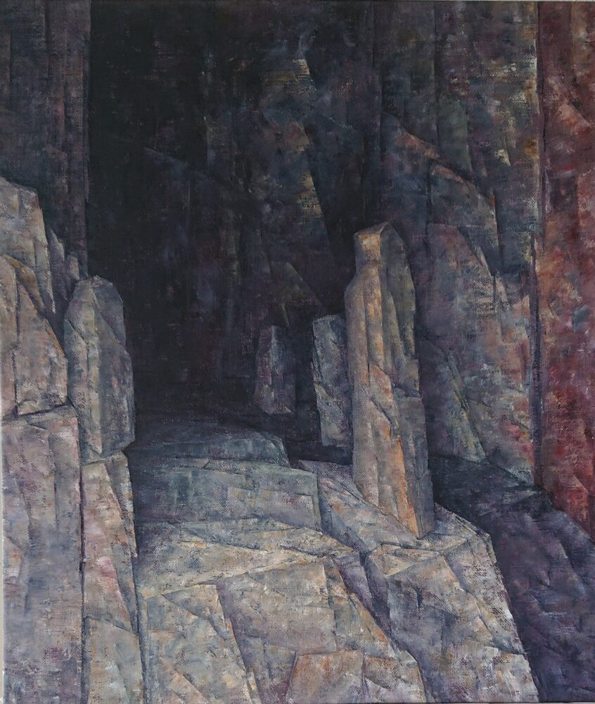 MÖTEN VID FLODEN - I Vårhallens klippväggar har naturens stora krafter skapat bilder, vars budskap jag vill förmedla i mitt måleri. Målad med kniv i olja på duk. 57 x 49 cm