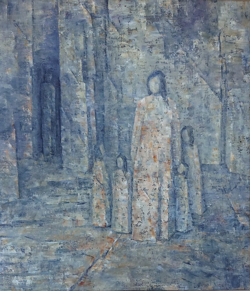 ENASTÅENDE olja på duk 38 x 33 cm. Målningen vill visa på hur mamman ofta står kvar med allt ansvar medan pappan ger sig av för att odla sina egna intressen.